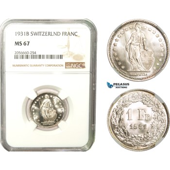 AB283, Switzerland, 1 Franc 1931-B, Bern, Silver, NGC MS67