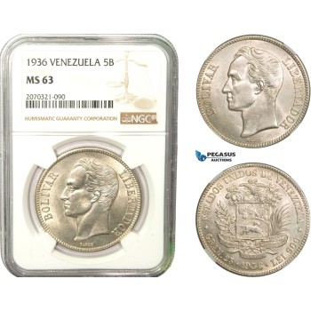 AB288, Venezuela, 5 Bolivares 1936, Philadelphia, Silver, NGC MS63