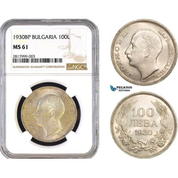 AB291, Bulgaria, Boris III, 100 Leva 1930-BP, Budapest, Silver, NGC MS61