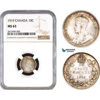 AB293, Canada, George V, 10 Cents 1919, Silver, NGC MS63