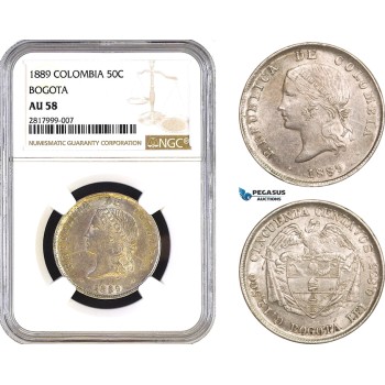 AB295, Colombia, 50 Centavos 1889, Bogota, Silver, NGC AU58, Pop 2/0, No Finer!