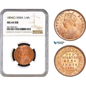 AB310, India, Victoria, 1/4 Anna 1894 (C) Calcutta, NGC MS64RB