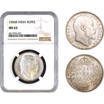 AB311, India, Edward VII, Rupee 1906-B, Bombay, Silver, NGC MS63