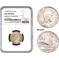 AB314, Italy, Vit. Emanuele III, 1 Lira 1912-R, Rome, Silver, NGC UNC Details AB314, Italy, Vit. Emanuele III, 1 Lira 1912-R, Rome, Silver, NGC UNC Details