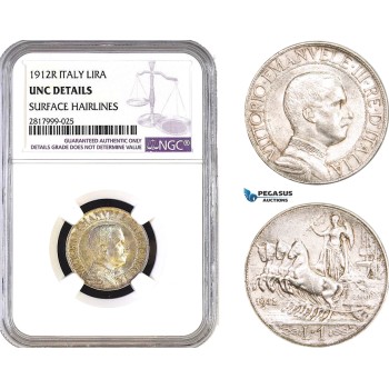 AB314, Italy, Vit. Emanuele III, 1 Lira 1912-R, Rome, Silver, NGC UNC Details