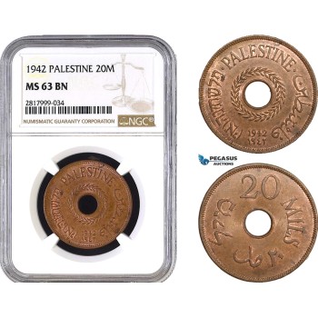 AB323, Palestine, 20 Mils 1942, London, Bronze, NGC MS63BN
