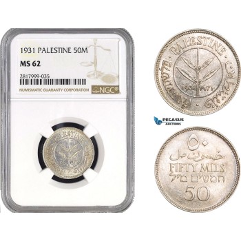 AB324, Palestine, 50 Mils 1931, London, Silver, NGC MS62, Very Rare!