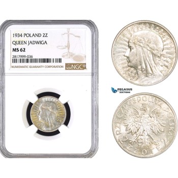 AB325, Poland, 2 Zlote 1934 (Queen Jadwiga) Warsaw, Silver, NGC MS62