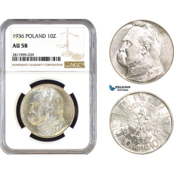 AB328, Poland, 10 Zlotych 1936 (Józef Piłsudski) Silver, NGC AU58