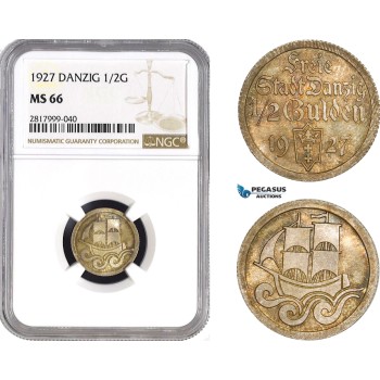 AB329, Poland, Danzig, 1/2 Gulden 1927, Silver, NGC MS66, Pop 1/0, Rare!