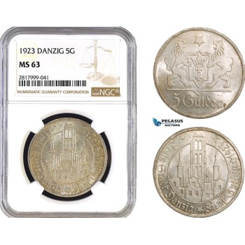 AB330, Poland, Danzig, 5 Gulden 1923, Silver, NGC MS63