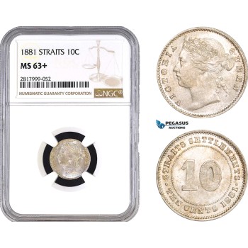 AB340, Straits Settlements, Victoria, 10 Cents 1881, Silver, NGC MS63+, Pop 1/2