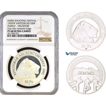 AB341, Switzerland, Zurich - Dielsdorf, 50 Francs 1992 HF, Silver, NGC PF68UC