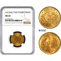 AB342, Tunisia, 1 Franc AH1364 / 1945, NGC MS65, Pop 1/0