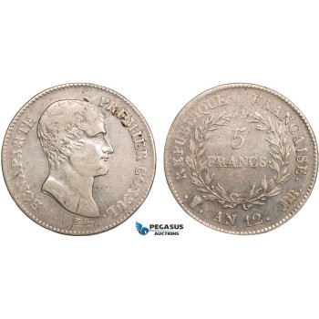 AB356, France, Napoleon (Premier Consul)  5 Francs AN 12-BB, Strasbourg, Silver, VF (TB) Very Rare!