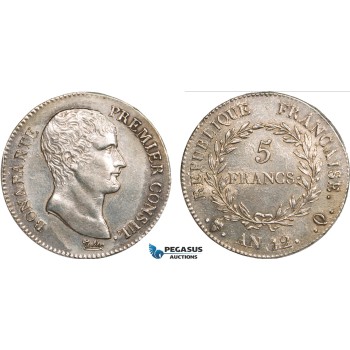 AB357, France, Napoleon (Premier Consul)  5 Francs AN 12/XI-Q, Perpignan, Silver, UNC- (Lightly cleaned) SPL-, Rare!