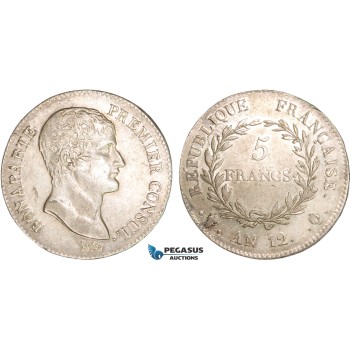 AB358, France, Napoleon (Premier Consul)  5 Francs AN 12-Q, Perpignan, Silver, AU (SUP) Rare!