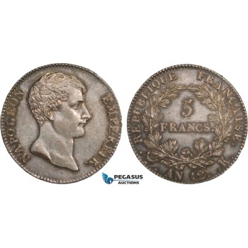 AB359, France, Napoleon (Empereur)  5 Francs AN 12-K, Bordeaux, Silver, Toned AU (SUP) Rare!
