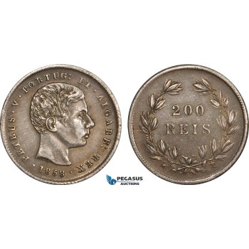 AB362-A, Portugal, Peter V, 200 Reis 1858, Lisbon, Silver, Toned AU AB362-A, Portugal, Peter V, 200 Reis 1858, Lisbon, Silver, Toned AU