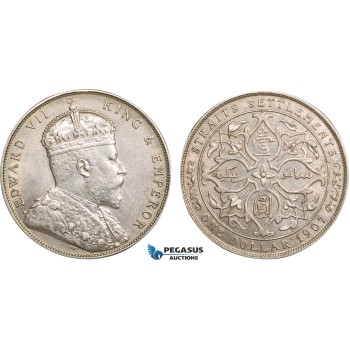 AB364, Straits Settlements, Edward VII, Dollar 1907-B, Bombay, Silver, UNC-