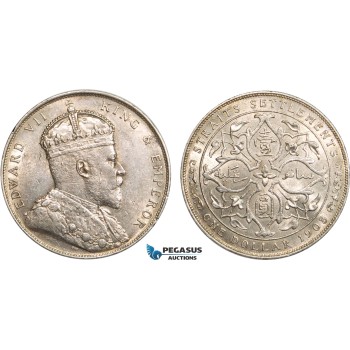 AB365, Straits Settlements, Edward VII, Dollar 1908-B, Bombay, Silver, Toned UNC-