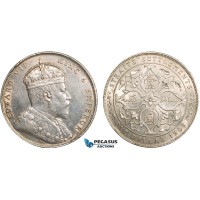 AB366, Straits Settlements, Edward VII, Dollar 1909-B, Bombay, Silver, Cleaned on Obv., AU-UNC