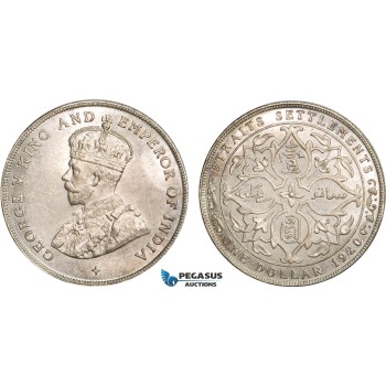 AB367, Straits Settlements, George V, Dollar 1920, Bombay, Silver, Lustrous UNC