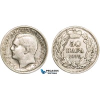 AB390, Serbia, Milan I. Obrenovic, 50 Para 1879, Vienna, Silver, VF-XF