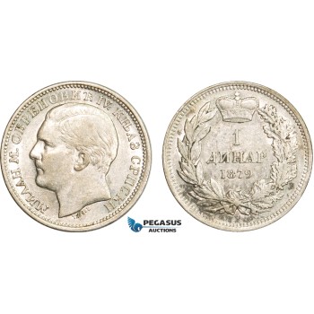 AB391, Serbia, Milan I. Obrenovic, 1 Dinar 1879, Vienna, Silver, Lustrous XF-AU (Min. Hairlines)