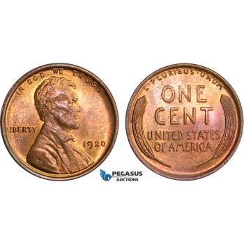 AB396, United States, Lincoln Cent 1920, Philadelphia, Red/Red Brown Ch UNC