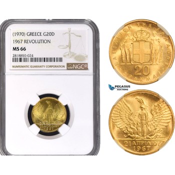 AB399, Greece, Constantine II, 20 Drachmai, No Date (1970) GOLD , NGC MS66