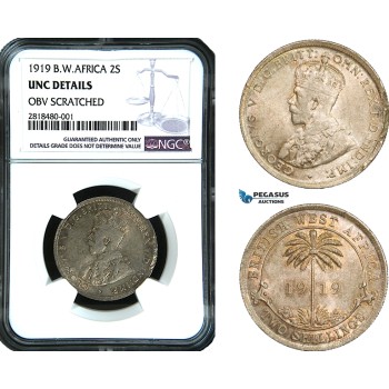 AB420, British West Africa, George V, 2 Shillings 1919, Silver, NGC UNC Det. Top Pop!