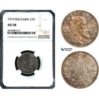 AB429, Bulgaria, Ferdinand, 1 Lev 1910, Silver, NGC AU58