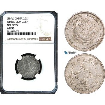 AB435, China, Fukien, 20 Cents 1896, Silver, L&M 296A No dots, NGC AU55