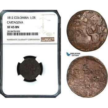AB444, Colombia, Cartagena, 1/2 Real 1812, NGC XF45BN