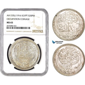 AB450, Egypt (Occupation Coinage) 20 Piastres AH1335 (1916) Silver, NGC MS65, Pop 2/0
