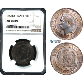 AB463, France, Napoleon III, 10 Centimes 1853-BB, Strasbourg, NGC MS65BN, Pop 2/0