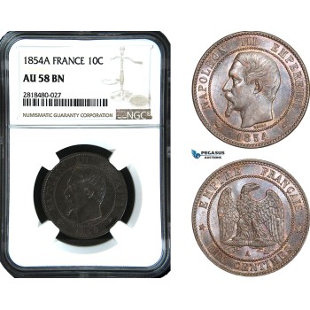 AB464, France, Napoleon III, 10 Centimes 1854-A, Paris, NGC AU58BN