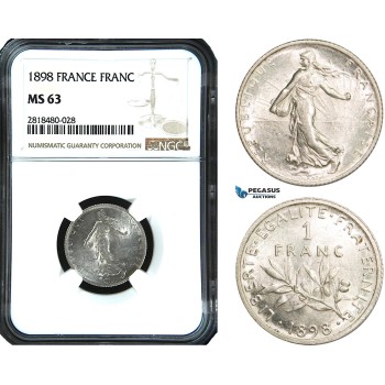 AB465, France, Third Republic, 1 Franc 1898, Paris, Silver, NGC MS63