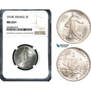AB467, France, Third Republic, 2 Francs 1914-C, Castelsarrasin, Silver, NGC MS65+