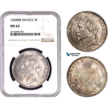 AB468, France, Napoleon III, 5 Francs 1868-BB, Strasbourg, Silver, NGC MS62