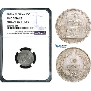AB471, French Indo-China, 10 Centimes 1894-A, Paris, Silver, NGC UNC Details