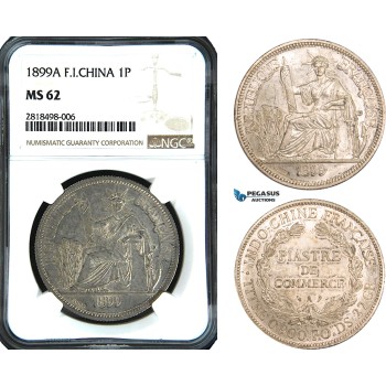 AB472, French Indo-China, Piastre 1899-A, Silver, NGC MS62, Pop 1/1