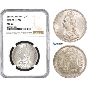 AB476, Great Britain, Victoria, 1/2 Crown 1887 (Jubilee Head) London, Silver, NGC MS63