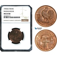 AB486, Madagascar, 1 Franc 1943-SA, NGC MS65RB, Pop 1/0