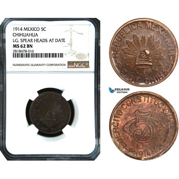 AB489, Mexico, Revolutionary, Chihuahua, 5 Centavos 1914, NGC MS62BN