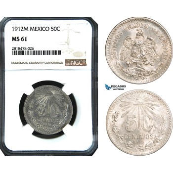 AB499, Mexico, 50 Centavos 1912-M, Mexico City, Silver, NGC MS61