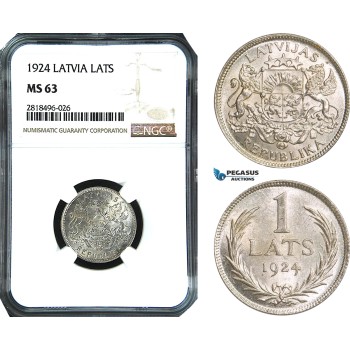 AB502, Latvia, 1 Lats 1924, Silver, NGC MS63
