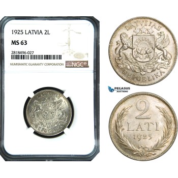 AB503, Latvia, 2 Lati 1925, Silver, NGC MS63