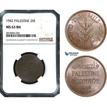 AB505, Palestine, 2 Mils 1942, London, NGC MS63BN